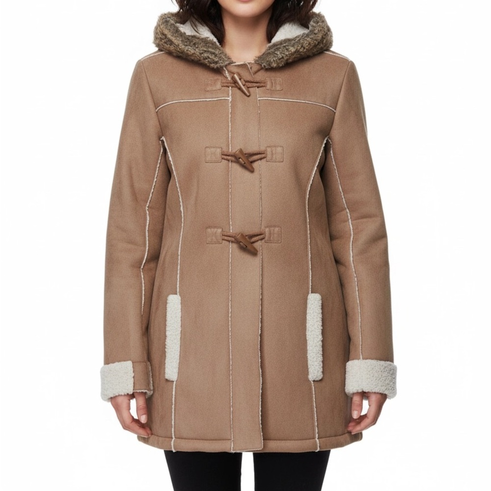 Justice Girls Tan Faux Shearling Teddy Jacket Hooded Toggle Sz 20